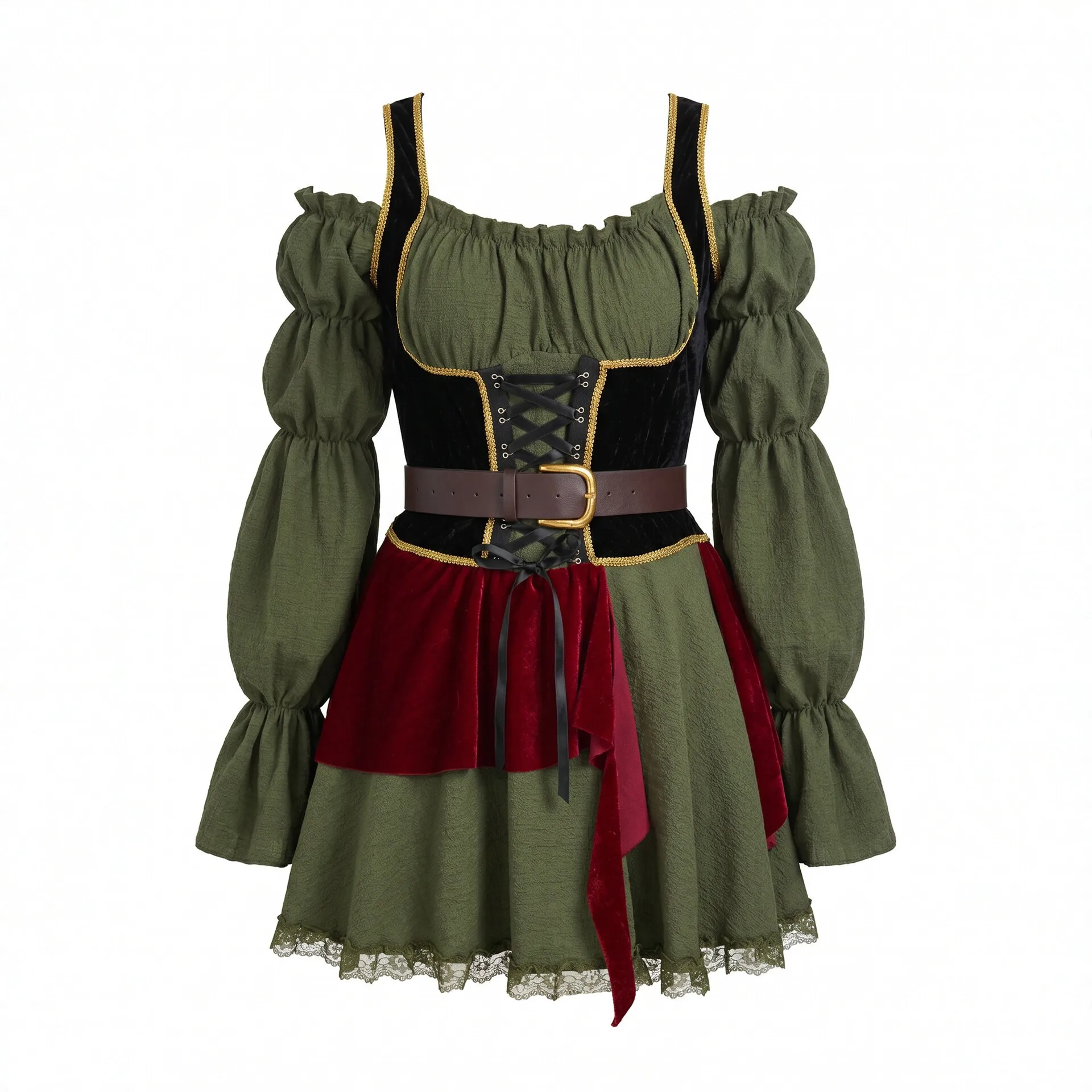Medieval Pirate Costume Off Shoulder Bell Sleeve Mini Dress Velvet Splice Renaissance Halloween Cosplay Outfit with Bandana