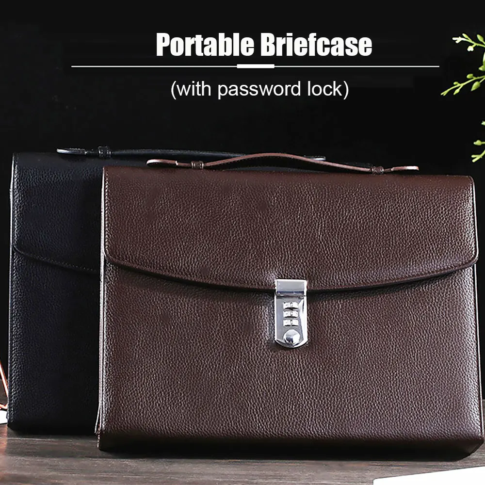 Business Briefcase with Combination Lock, Leather Manager Folder, High capacity Handbag for Business Negotiation Meeting