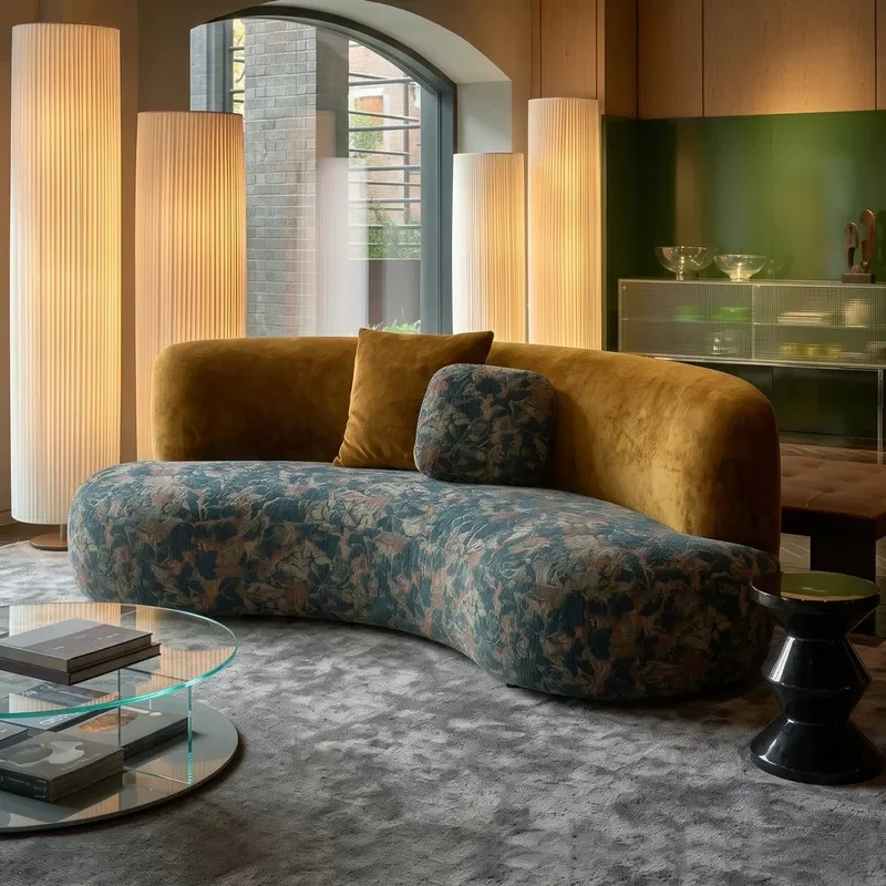 French Antique Style Curved Fabric Sofa for Living Room Hotel Lobby Hospitality Designer Two Tone Double Color Couch