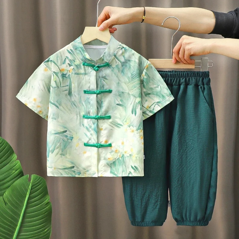 Boys' Chinese Style Set New Western-style Summer Short Sleeved Capri Pants Chinese Style Frog Buttoned Printing Hanfu Tang Suit