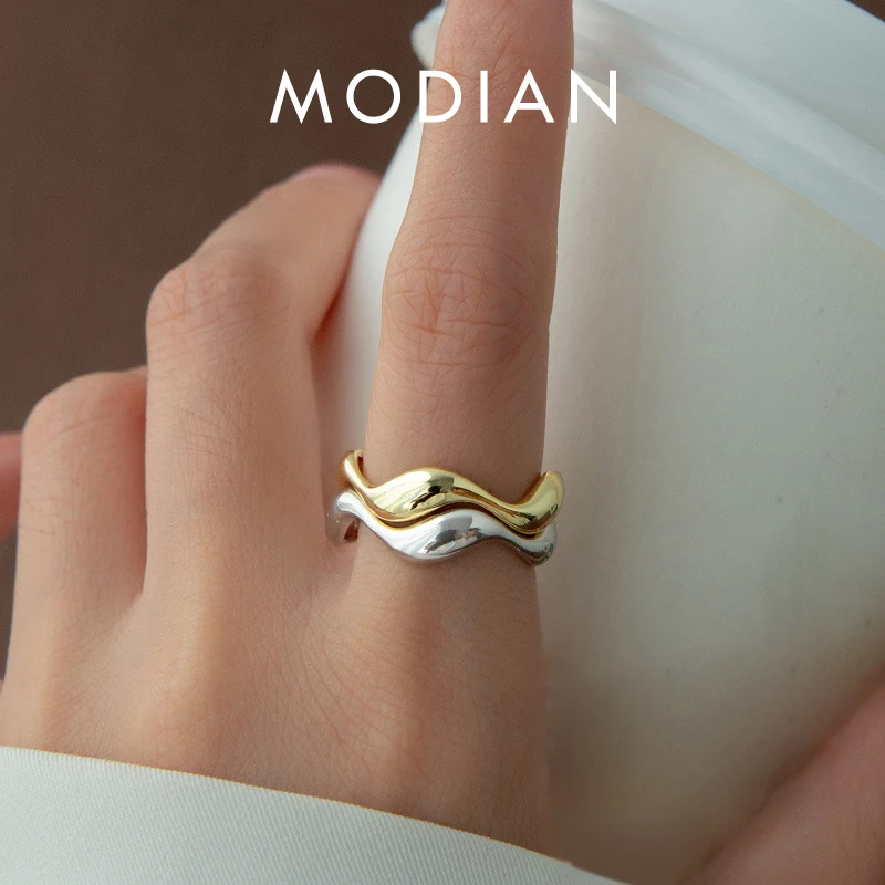 Modian 925 Sterling Silver Irregular Wave Liquid Design Stackable Finger Ring Trendy Adjustable Size 6-9 Rings For Women Jewelry