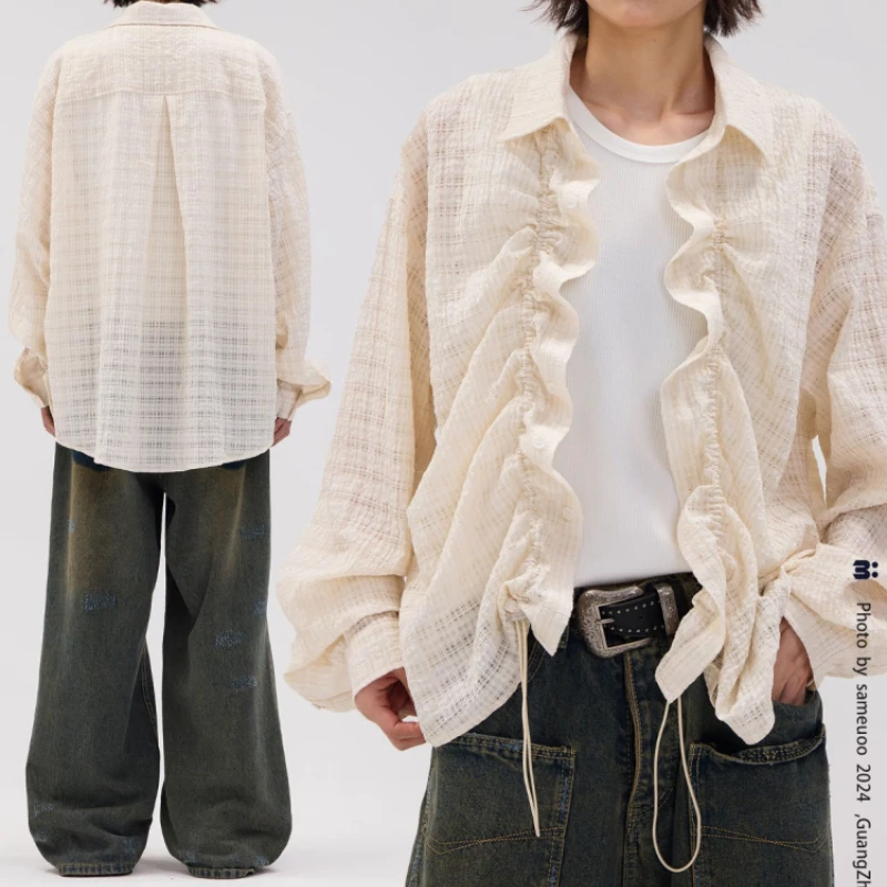 

Drawstring Fungus Pleated Cardigan Women Summer Lazy Style Long Sleeve Shirt Lightweight Shirt Breathable Sun Protection Tops