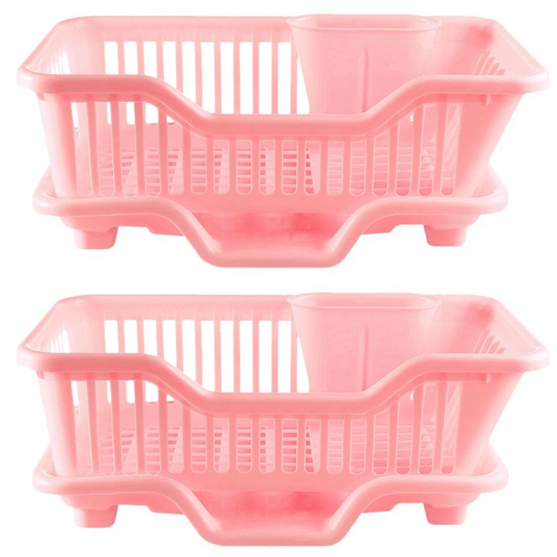 

2X Environmental Plastic Kitchen Sink Dish Drainer Set Rack Washing Holder Basket Tray, Approx 17.5 X 9.5 X 7INCH (Pink)