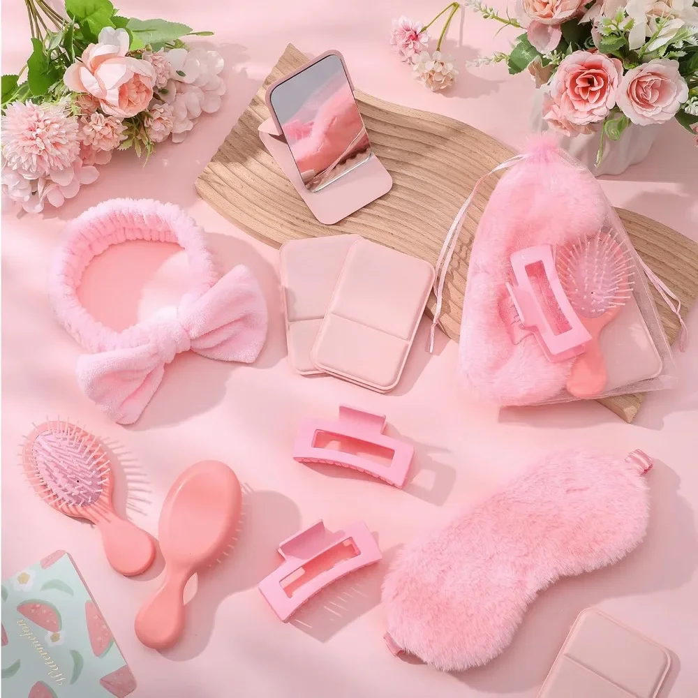 3-12Sets Pink Spa Slumber Party Favor Kit,Bow Headband Eye Mask Comb Mirror Claw Clip with Organza Bag,Bridal Birthday Gift