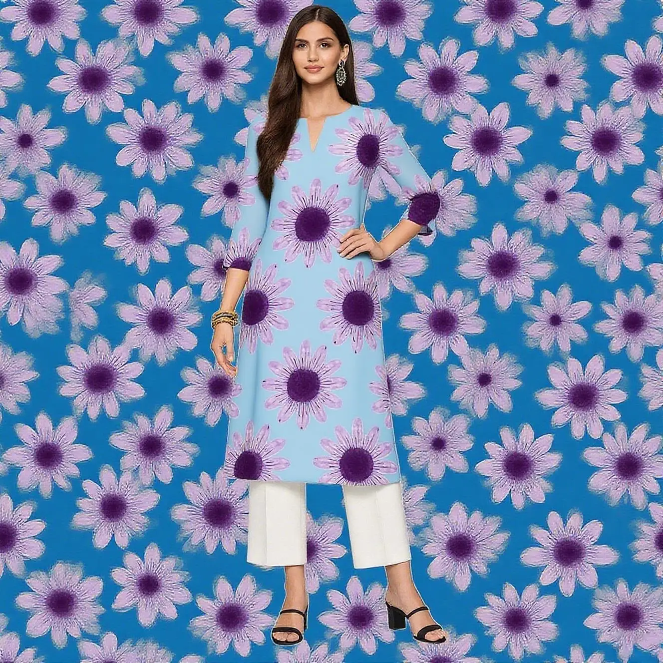 Muslim Kurtta Women's Casual Fashion Dress Long Sleeved Straight Tube Casual Ethnic Flower Abaya Musulmane Modest Dress