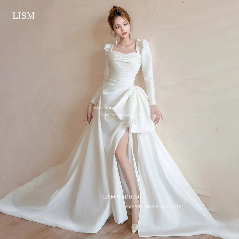 

LISM Design Square Neck Wedding Dress Korea Photo Shoot High Split Long Sleeve Bridal Gown Soft Satin Floor Length 신부 웨딩드레스