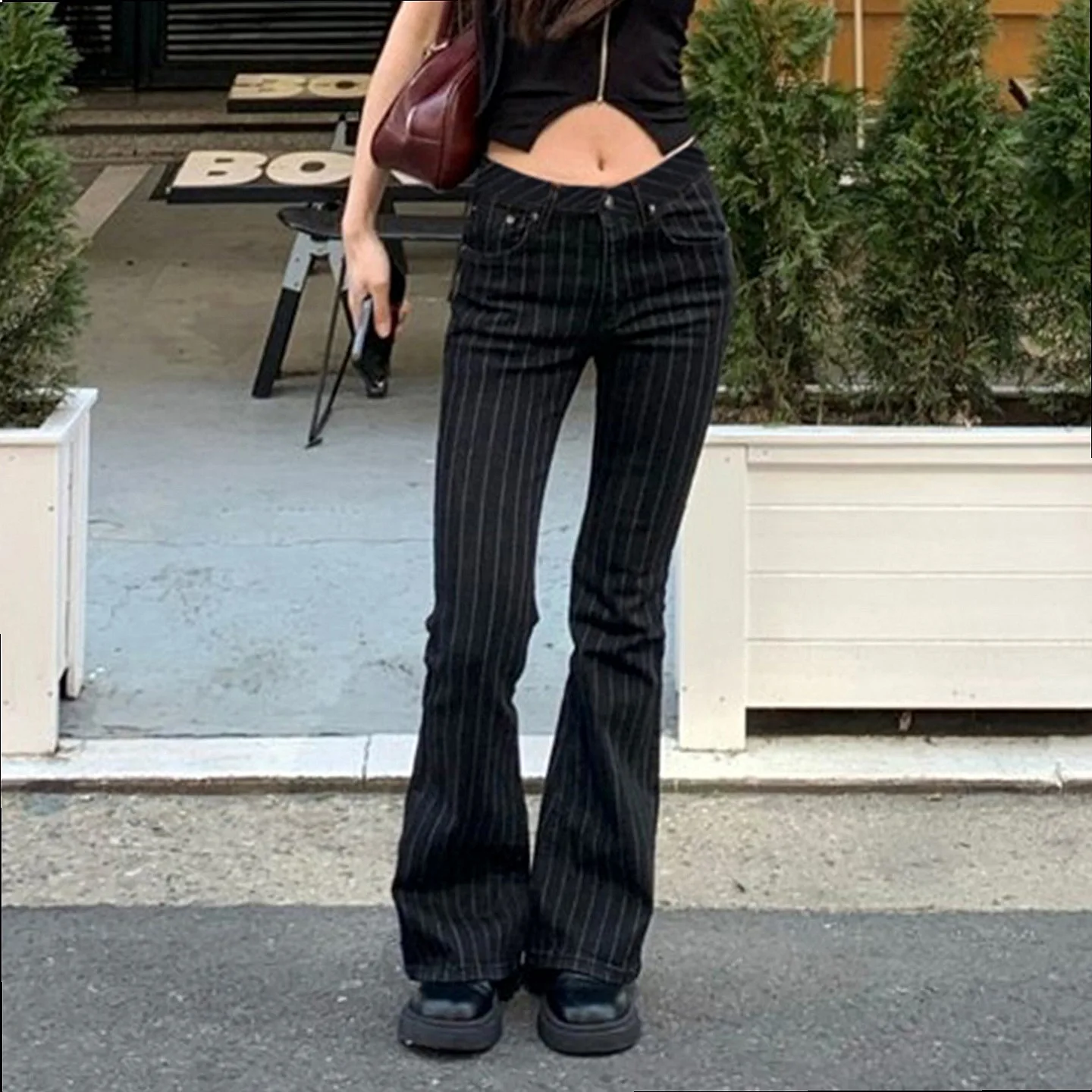 Retro Stripe Contrast Low Rise Flared Jeans Straight Leg Denim Pants Slim Fit Trousers