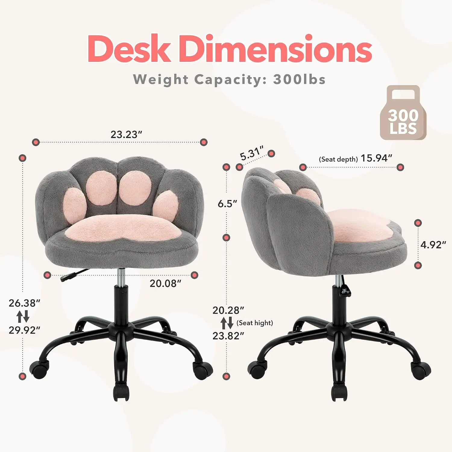 Cat Paw Back Vanity Chair – Armless Cute Teddy Fabric Desk Chair with Wheels, 360° Swivel & Adjustable Height, Small Office Chair for Kids Room, Bedroom, Vanity, Grey
