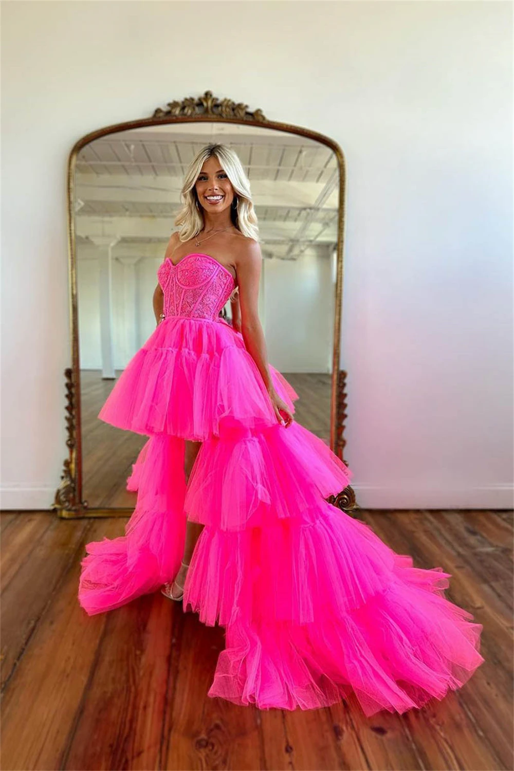 Women High Low Strapless Tulle Homecoming With Teens Lace Appliques Sheer Corset Evening Gown Tiered Ruffles Wedding Guest Skirt