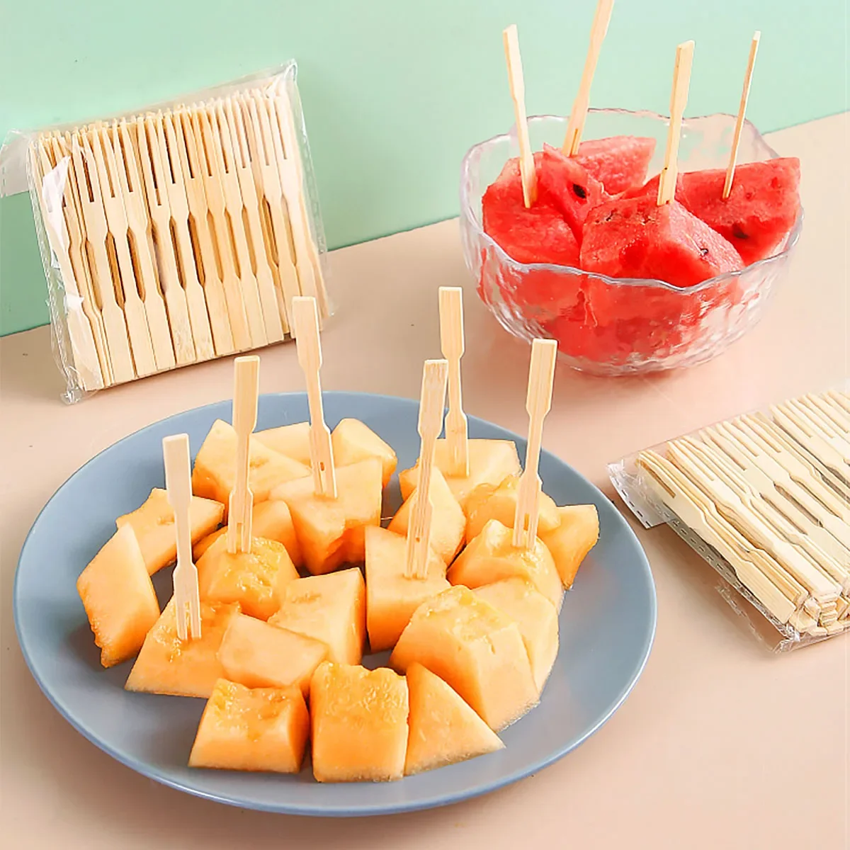 80pcs - Disposable bamboo fruit fork for cake and dessert Chopsticks kawaii Bambu cubiertos servir Hamburger granish Tenedores
