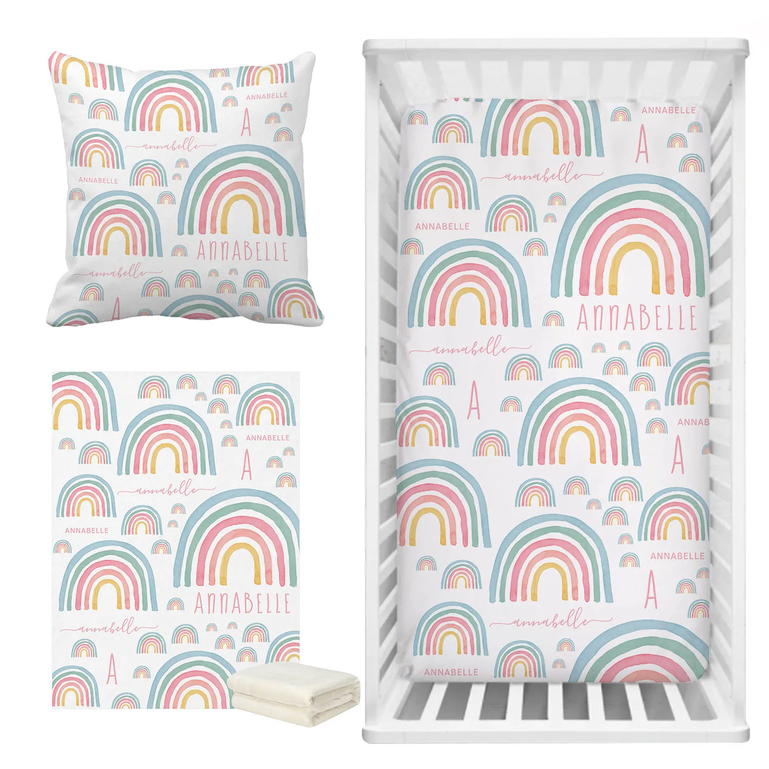 LVYZIHO Baby Crib Bedding Set Nursery, Personalized Name Rainbow Bedding Set, Baby Shower Gift