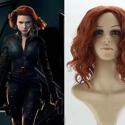 Black Widow Wigs Natasha Cosplay Wig Short Curly Mixed Red Brown Heat Resistant Synthetic Hair + Free Wig Cap