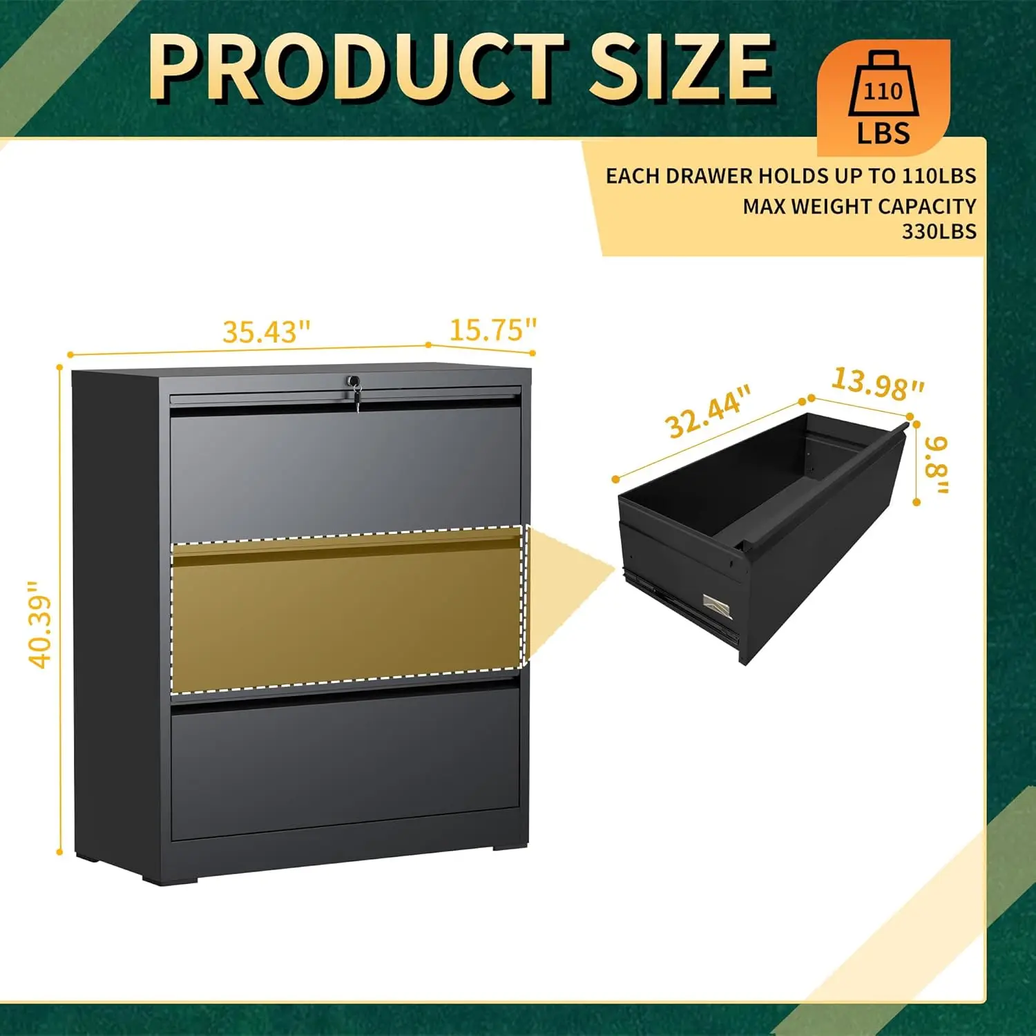 3-Drawer Lateral File Cabinet with Lock, Black Steel Filing Cabinet for Home Office