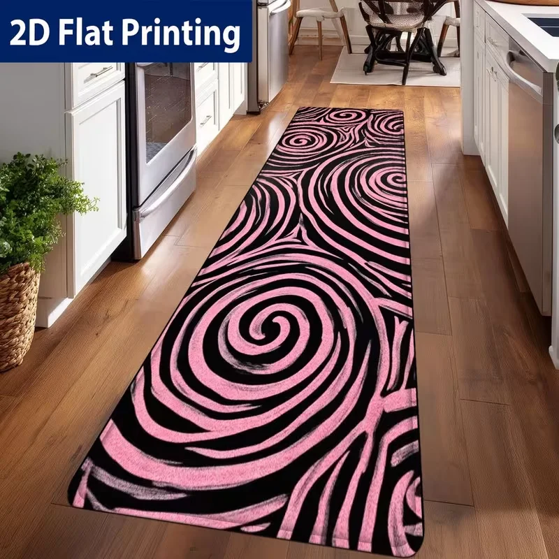 Pink Black Swirl Zebra Stripe Kitchen Runner Rug Y2K Aesthetic Abstract Spiral Non-Slip Mat Modern Home Decor Carpet for Kitchen