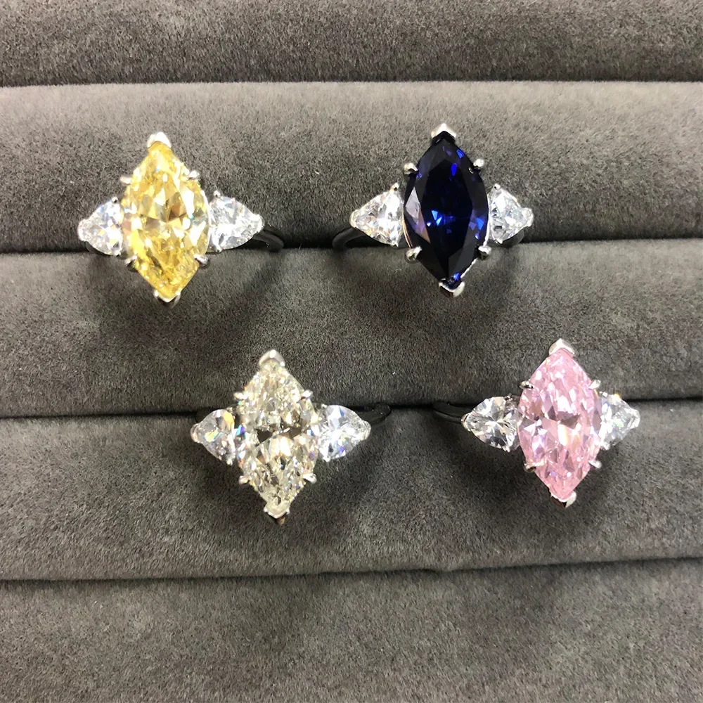 Trendy S925 Sterling Silver Mariquesa Cut 8x14MM Citrine Sapphire High Carbon Diamond Wedding Engagement Ring Fine Jewelry Gifts
