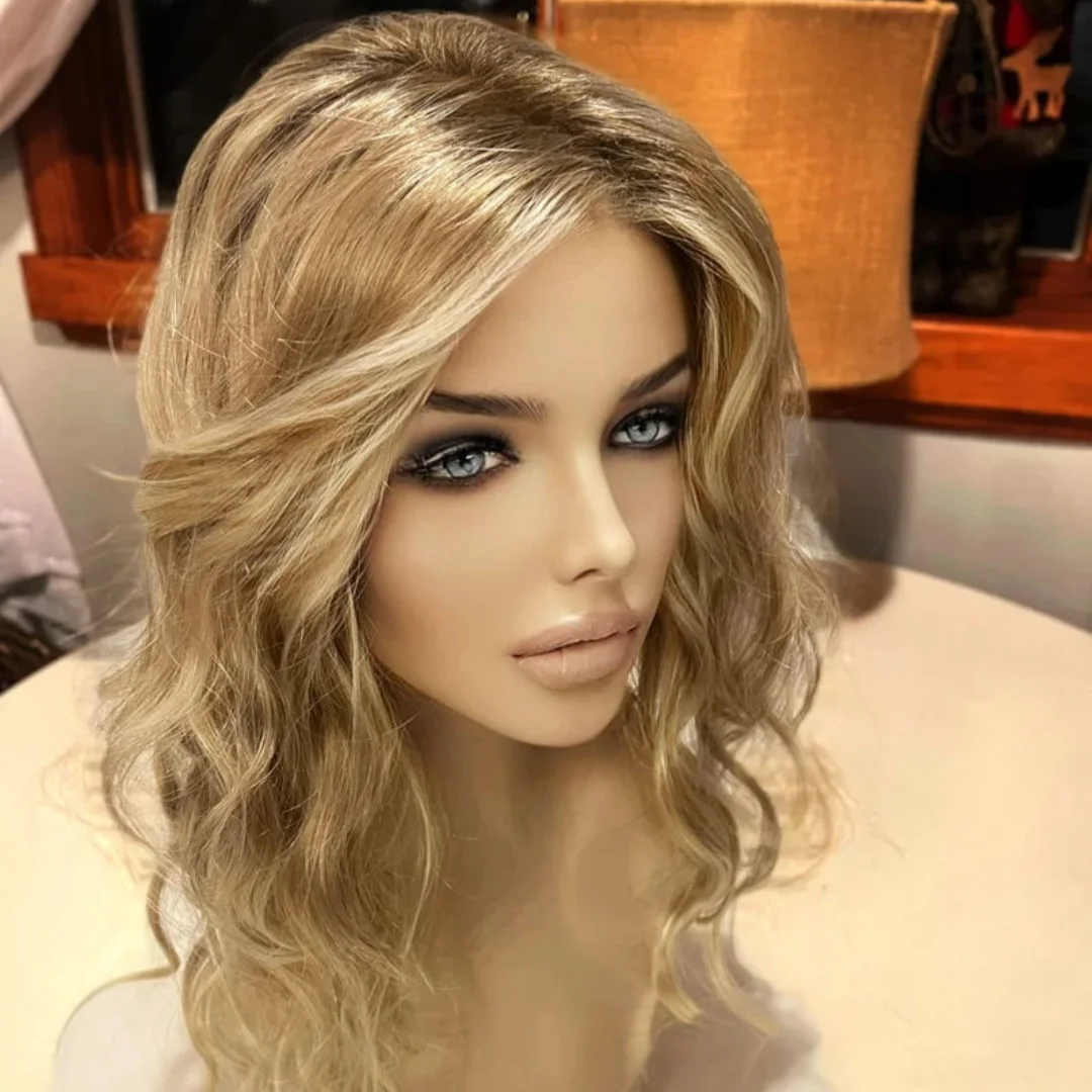 Elastic Highlight Honey Blonde Synthetic Lace Frontal Wig Mix Color Light Weight Wig Shoulder Deep Wave Hair For Women 13*4 HD