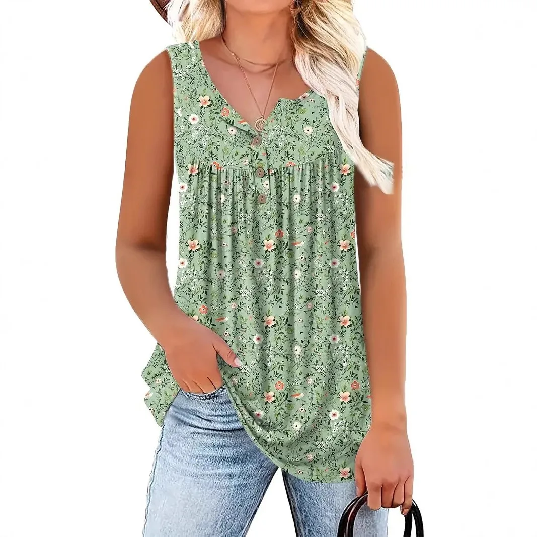 Summer Clothes Women Tank Top Floral Print Loose Fit Vest V Neck Button Front Sleeveless Top Pastel Green Chiffon Like Camisole
