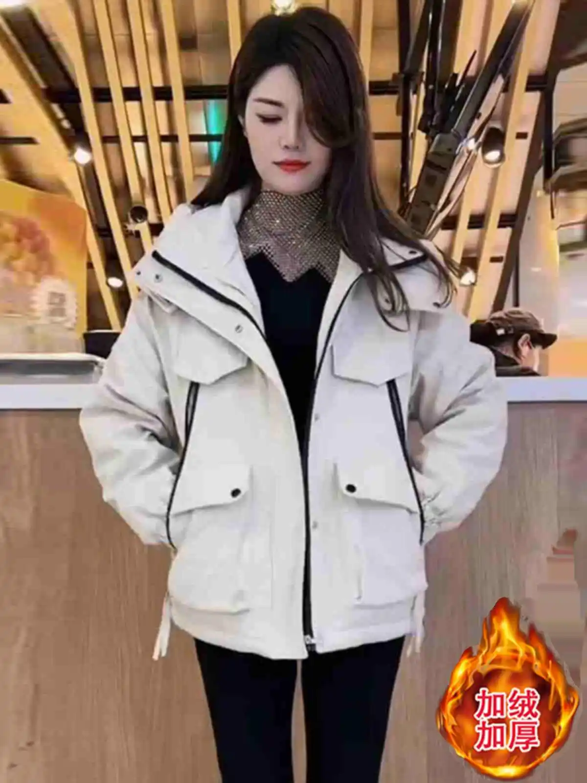 Thickened Fleece Workwear Style Jacket Women's Autumn Winter New Arrival 2026 Hooded Cotton Coat Small Size in Trend