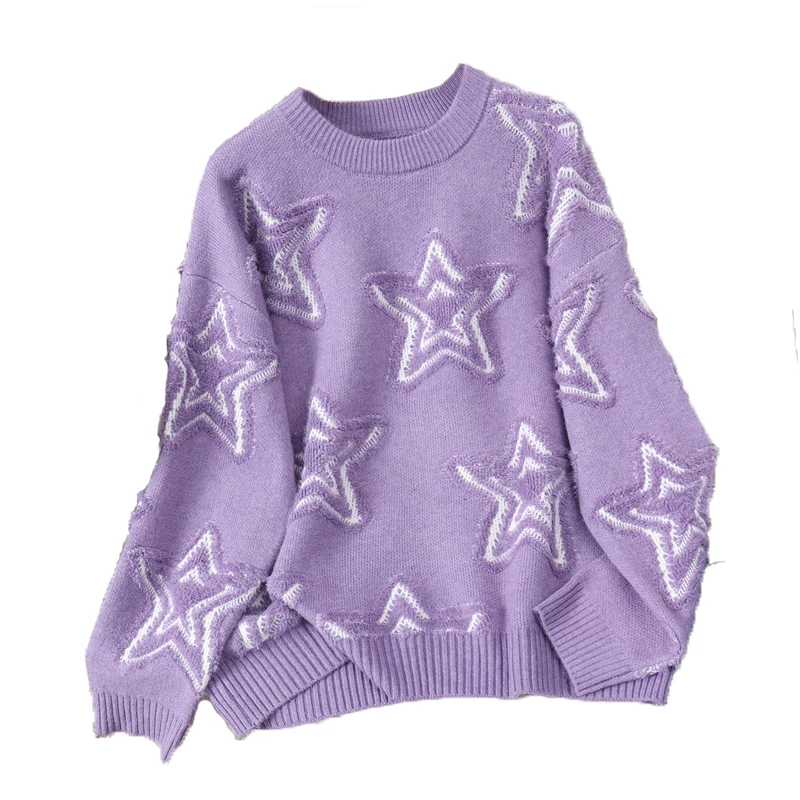 

New autumn and winter outerwear fashion loose embroidered star round neck sweater women lazy style thickened knitted top