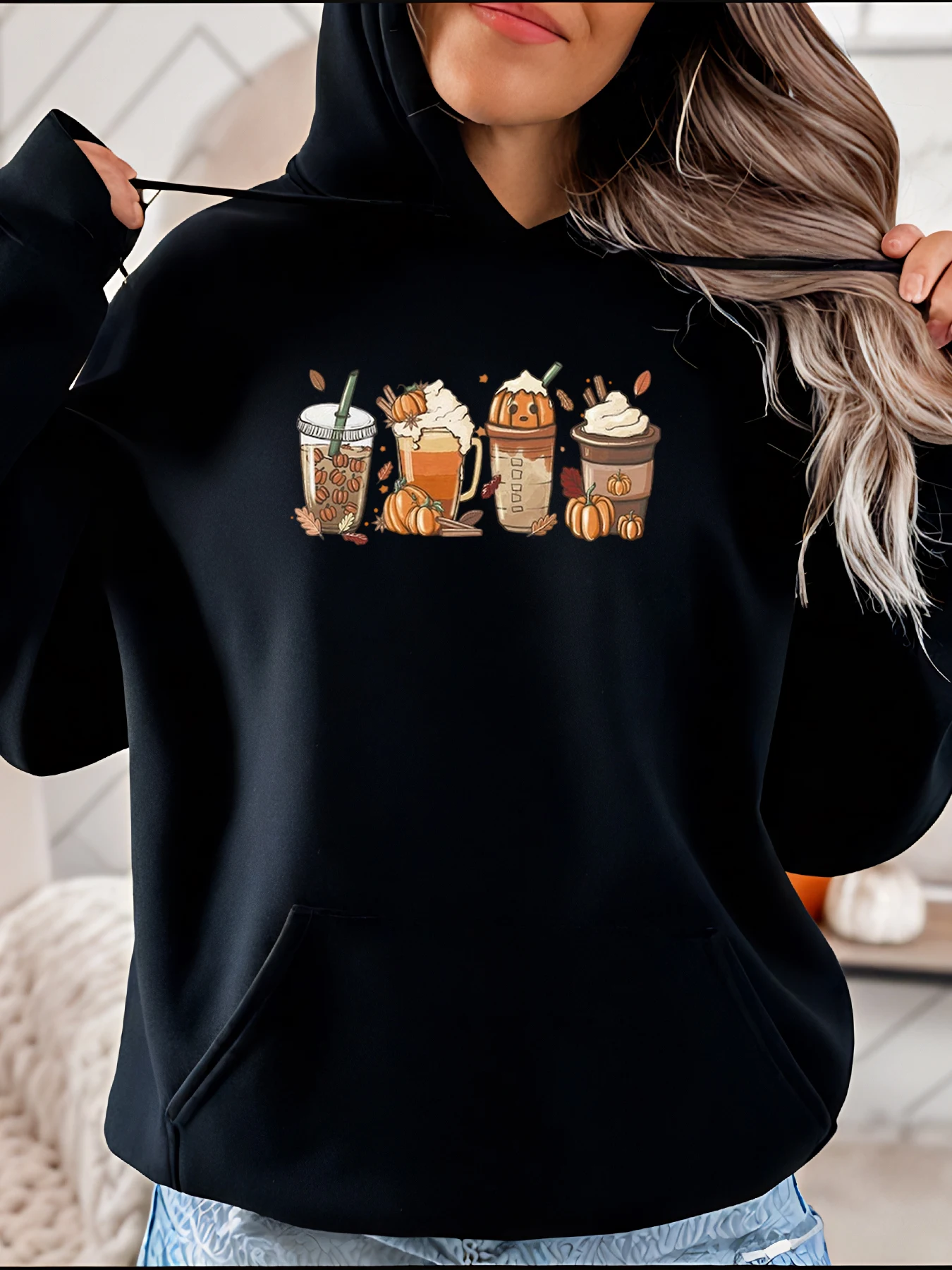 Moletom feminino outono com capuz abóbora tempero latte estampa casual moletom outono roupa sazonal para mulheres