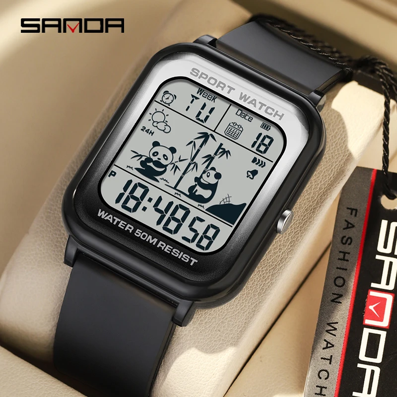 SANDA 2024 New Top Panda Pattern Square Gradient Electronic Watch Sports Casual Outdoor Waterproof Trend Unisex Wristwatch 6120