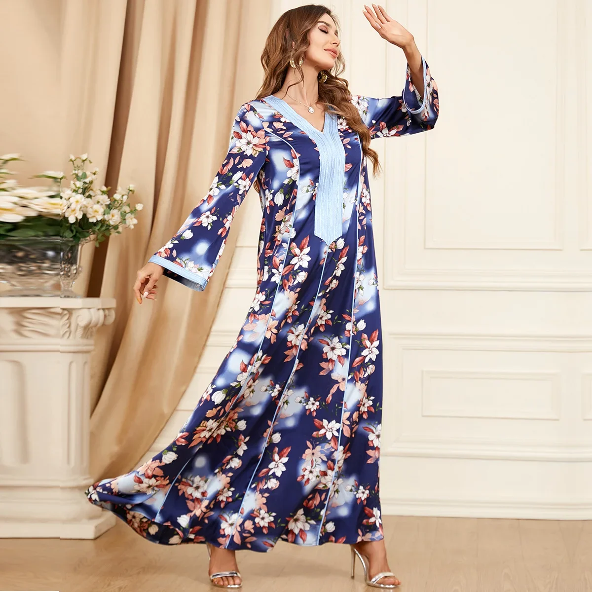 Floral Patchwork Party Dresses for Women Long Sleeve Arabic Dress  V-neck Kaftan Muslim Abayas Dubai Gowns Morocco Evening Dress