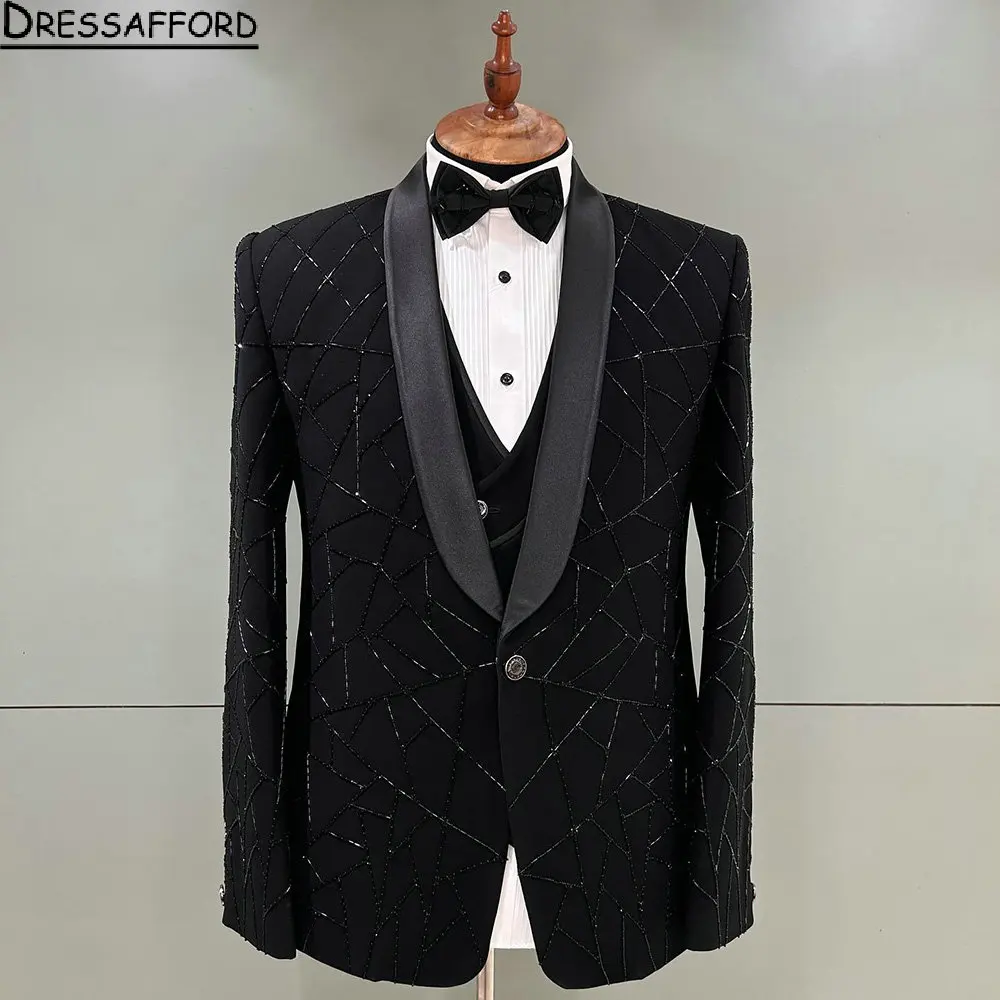 Black 2 Pieces Groom Wedding Tuxedos Beading Formal Suits Men Custom Made Black Prom Blazer Sets Male Fashion