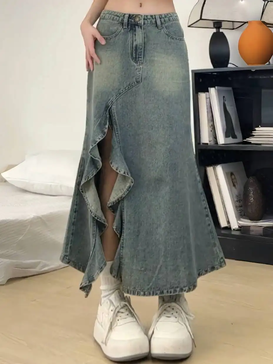 

American Spring and Summer New Oversize Women's Cowboy Half Skirt Commuting Casual Retro High Waist A-line Skirt