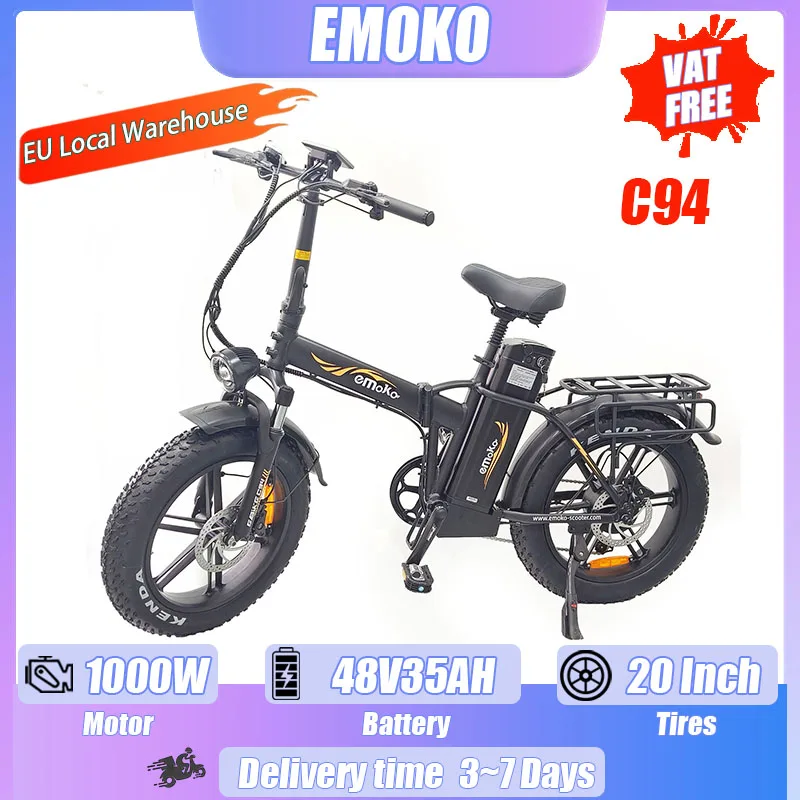 Vélo électrique pliable emoko C94, moteur 1000W, batterie 48V35AH, grande autonomie, vélo de transport électrique pour adultes, 20*4.0, vélo électrique de voyage