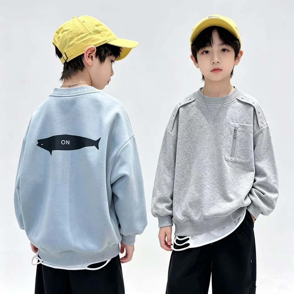 Brief Style Children Solid Color Loose Sweatshirt for Tweens Boy Casual Autumn Outfit School Kids Fashion Hoodie Tshirt 5-14 Y