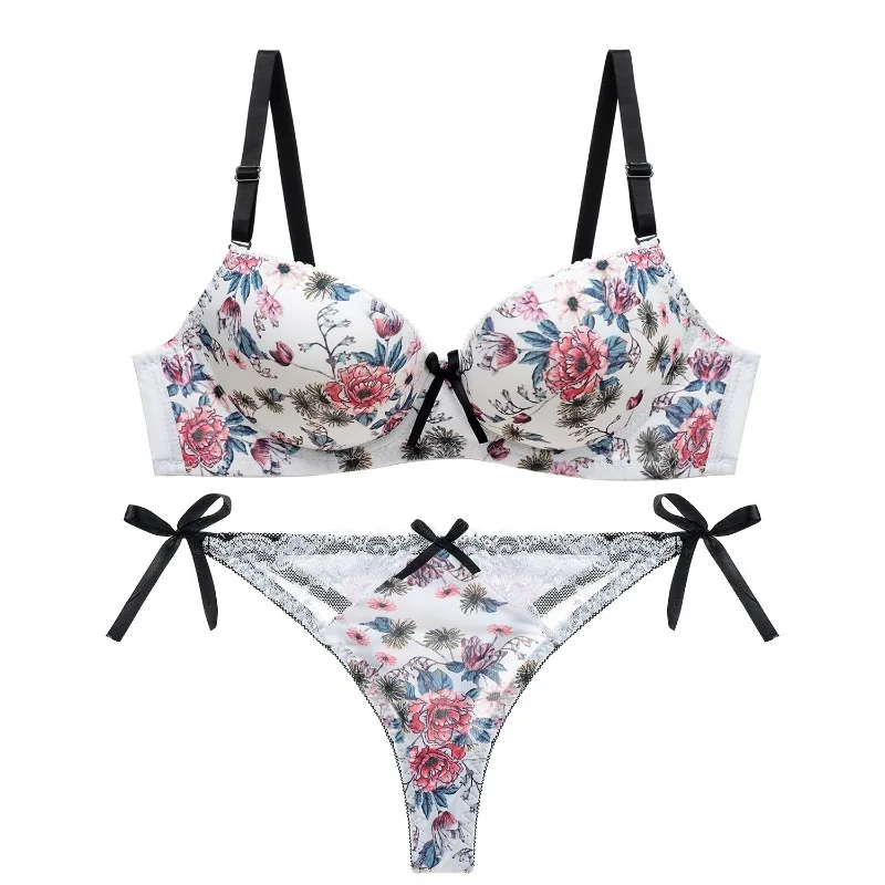 Lady\'s Printed Sexy Lace Bras Set Sexy Lingerie Set Floral Print Seamless Underwire Pattern Bras Suit Underwear Set for Women