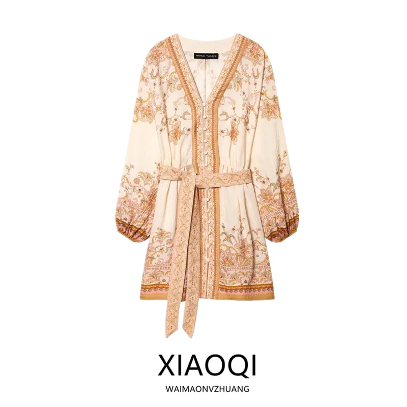 

Spring 2026 Women's V-neck Lantern Sleeve Long Dress Loose Fit Versatile One-piece Dress City Commute Vacation Single Button