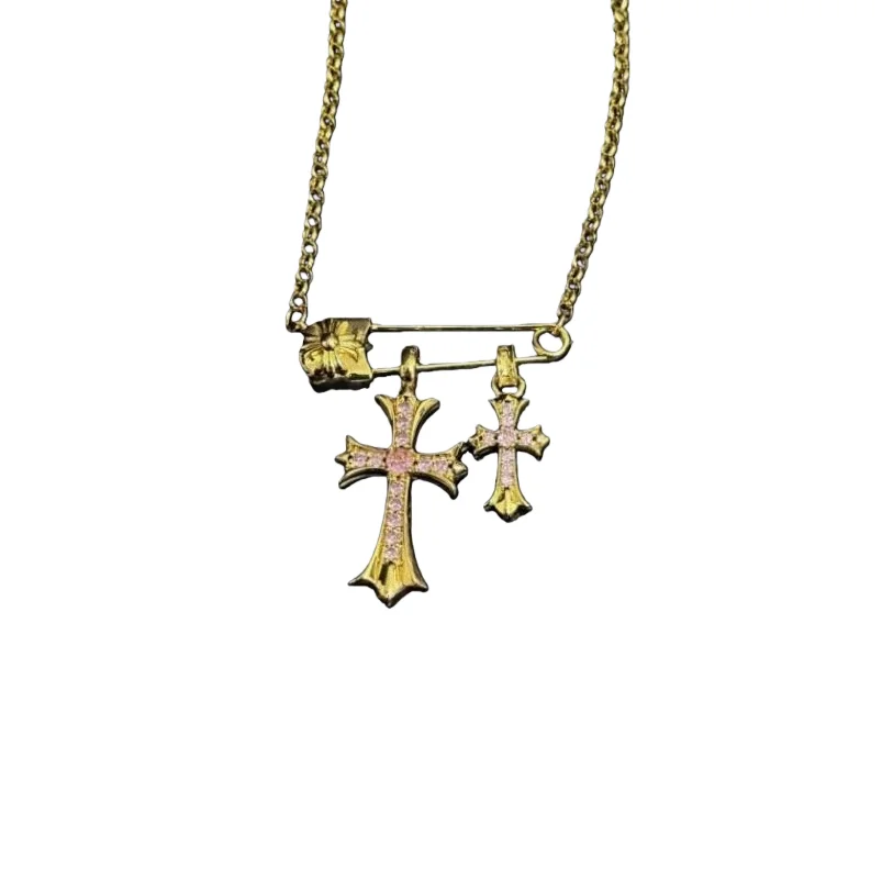 

Gold-Tone Safety Pin Double Cross Pendant Necklace with Pink Ombre Rhinestones – Gothic Y2K Statement Jewelry
