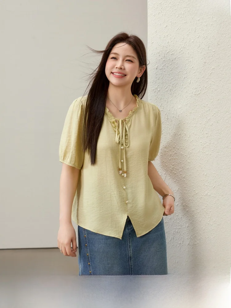

Wooden Collar Shirt plus Size Women's Fashion Korean Style Slim Fit Short Sleeve V-Neck Casual Summer New Arrival