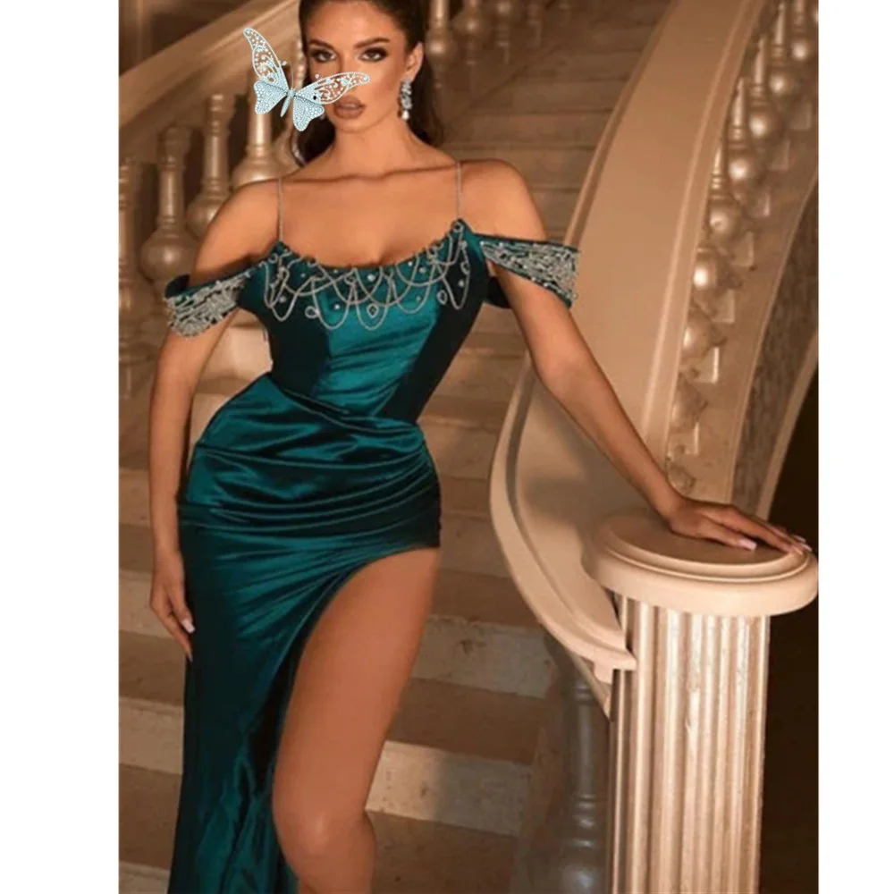 Teal Off The Shoulder Prom Dress Sexy Side Split Special Evening Gowns Night Wear Dubai Arabic Robe De Soiree Party Evening Gown