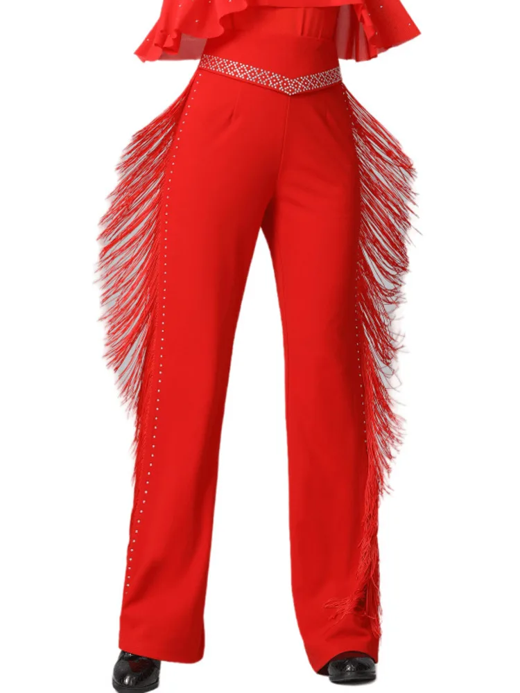 High Waist Samba Latin Dance Costume Pants Wear Woman Solid Color Cabaret Practice Clothes Rhinestones Pole Girl Tassels Pant