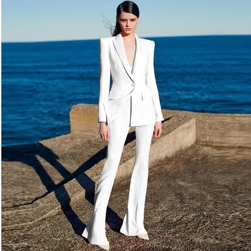 Completo da donna bianco smoking da sposa pantaloni Blazer formali elegante abbigliamento da lavoro femminile giacca da ufficio da donna cappotto abito da ballo