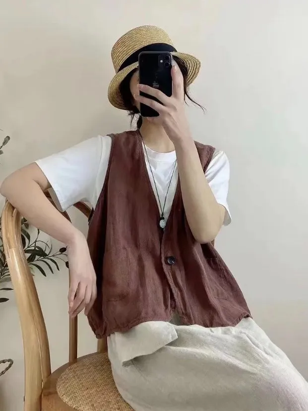 

Women's Slim Fit Linen Jaet Svel ort Sle Thin Autumn Outerwear Casual Sle V-Ne Button Closure Color