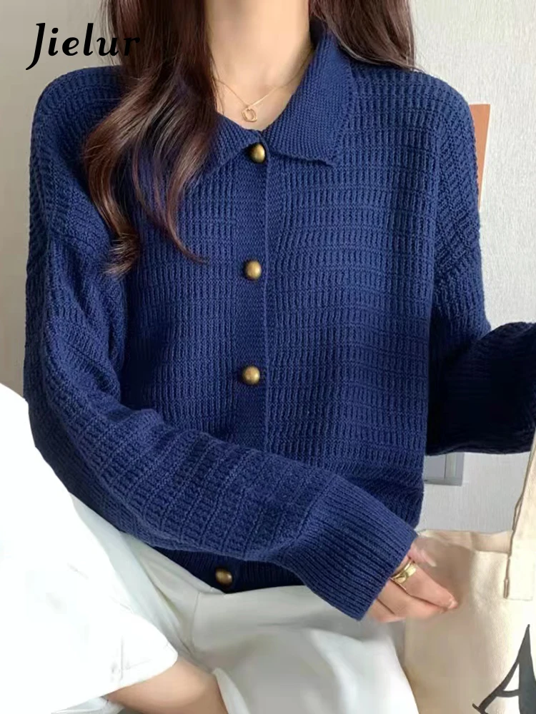

Jielur Autumn Vintage Knitted Women Cardigan Solid Color Simple Basic Casual Cardigan Woman Korean Apricot Blue Chic Top Female