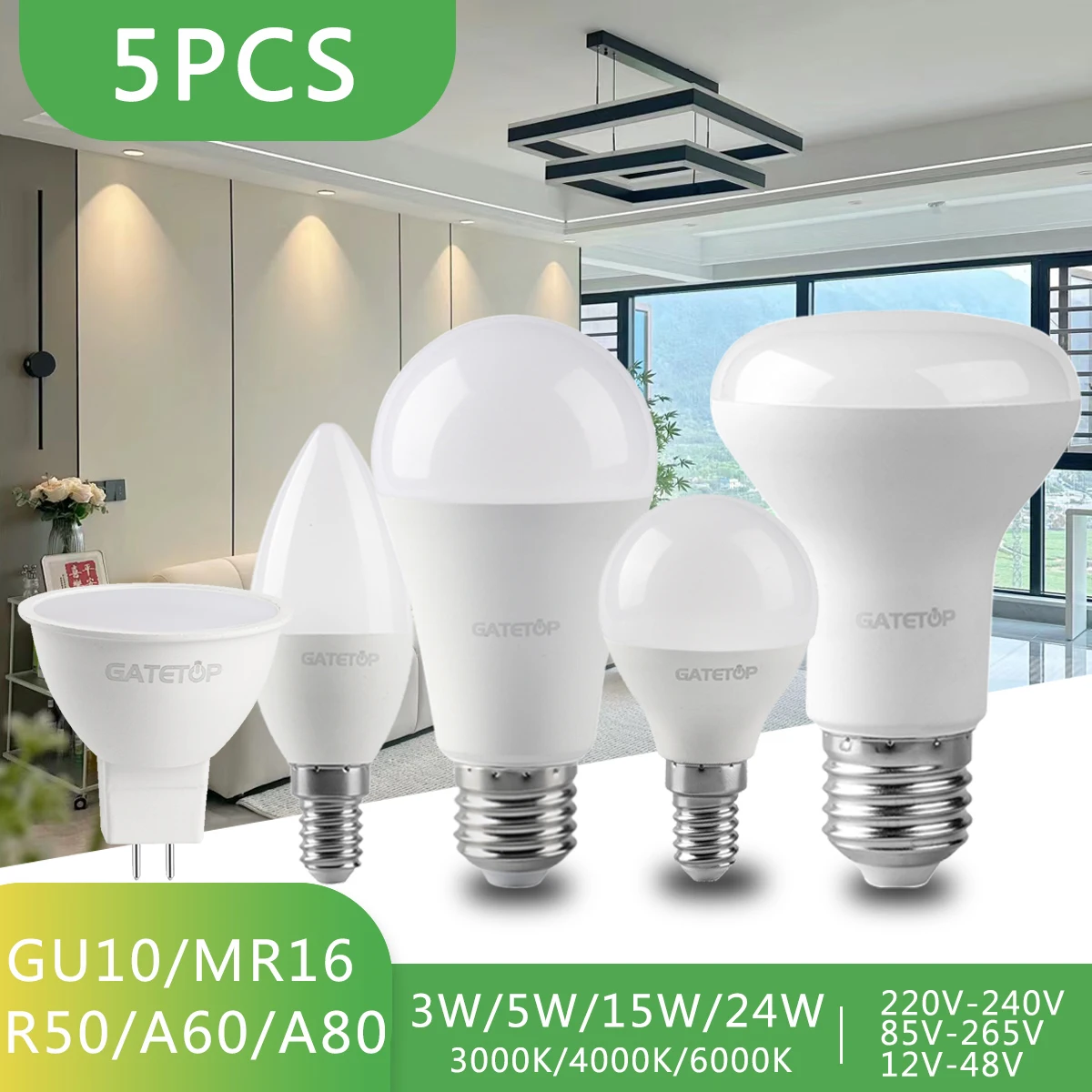 

5PCS LED Spotlight Bulb E27 E14 B22 AC220-240V 5W 9W 18W 24W Energy Saving No Flicker GU10 MR16 GX53 Living Room Home