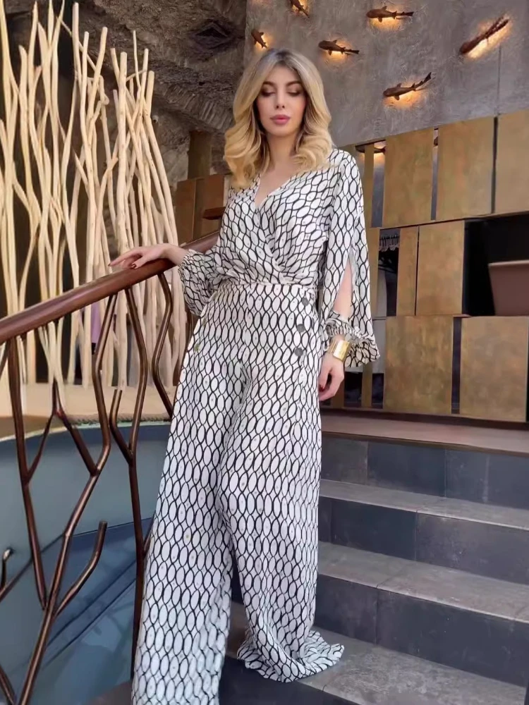 

Fashionable Black and White Checkered Printed Loose Long Sleeved Top, High Waist Wide Leg Pants, Daily Commuting Two-piece Set