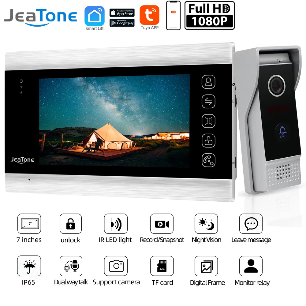 Jeatone 7Inch WiFi Tuya Smart Residential Video Intercom Kit for Home Private House System Doorphone with Doorbell night Camera