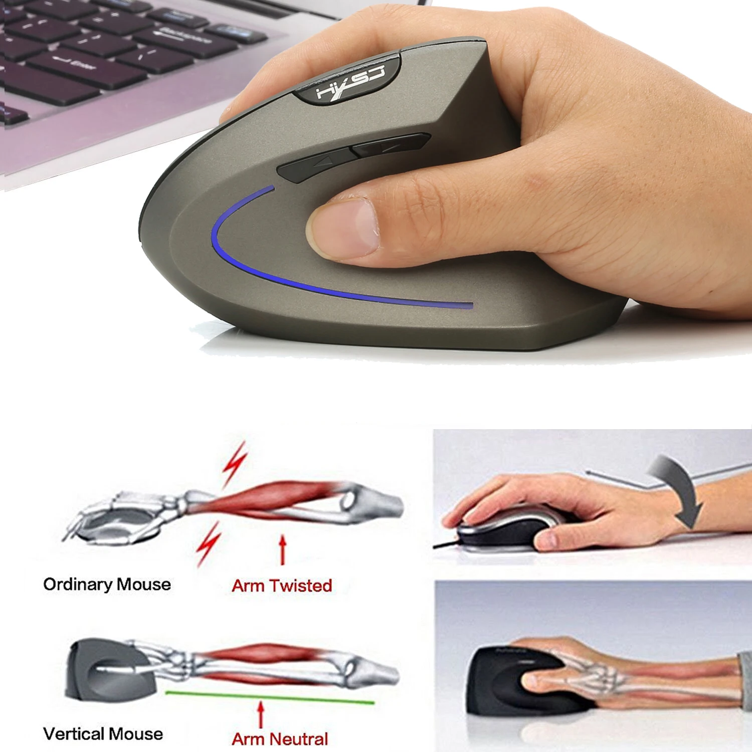 Hot choice HXSJ ergonomic optical mouse ABS 2400DPI adjustable rechargeable 600mA vertical mouse for office and mac