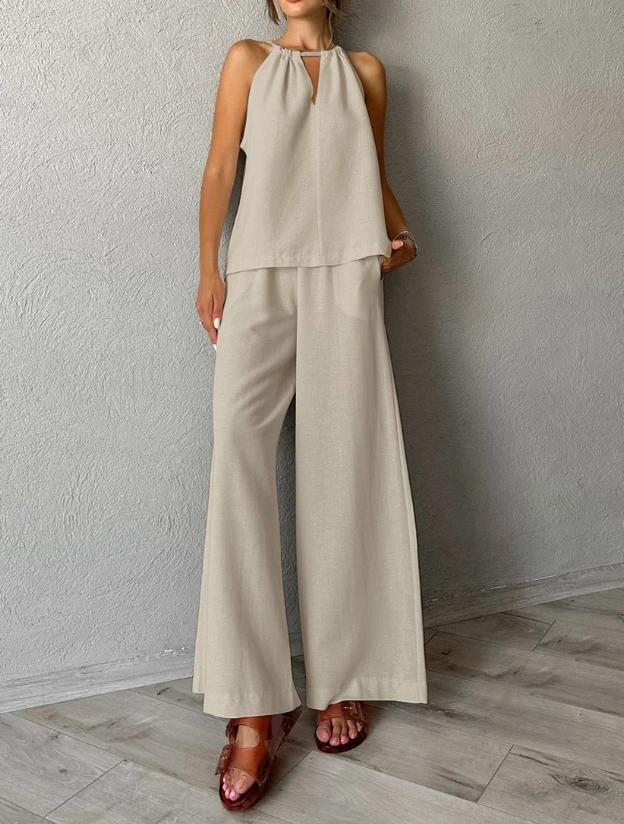 

Elegant 2-Piece Sets for Women Casual Cotton and Linen Hollow LaceUp Sleeveless Hanging Collar Vest Top Loose Wide Leg Pants Set