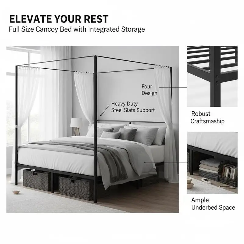Four Poster Bedstead Full Size For Bedroom Guest Room Dormitory, Metal Platform Base Heavy Duty Steel Slats Underbed Storage Integrated Structure No Box Spring Needed Black