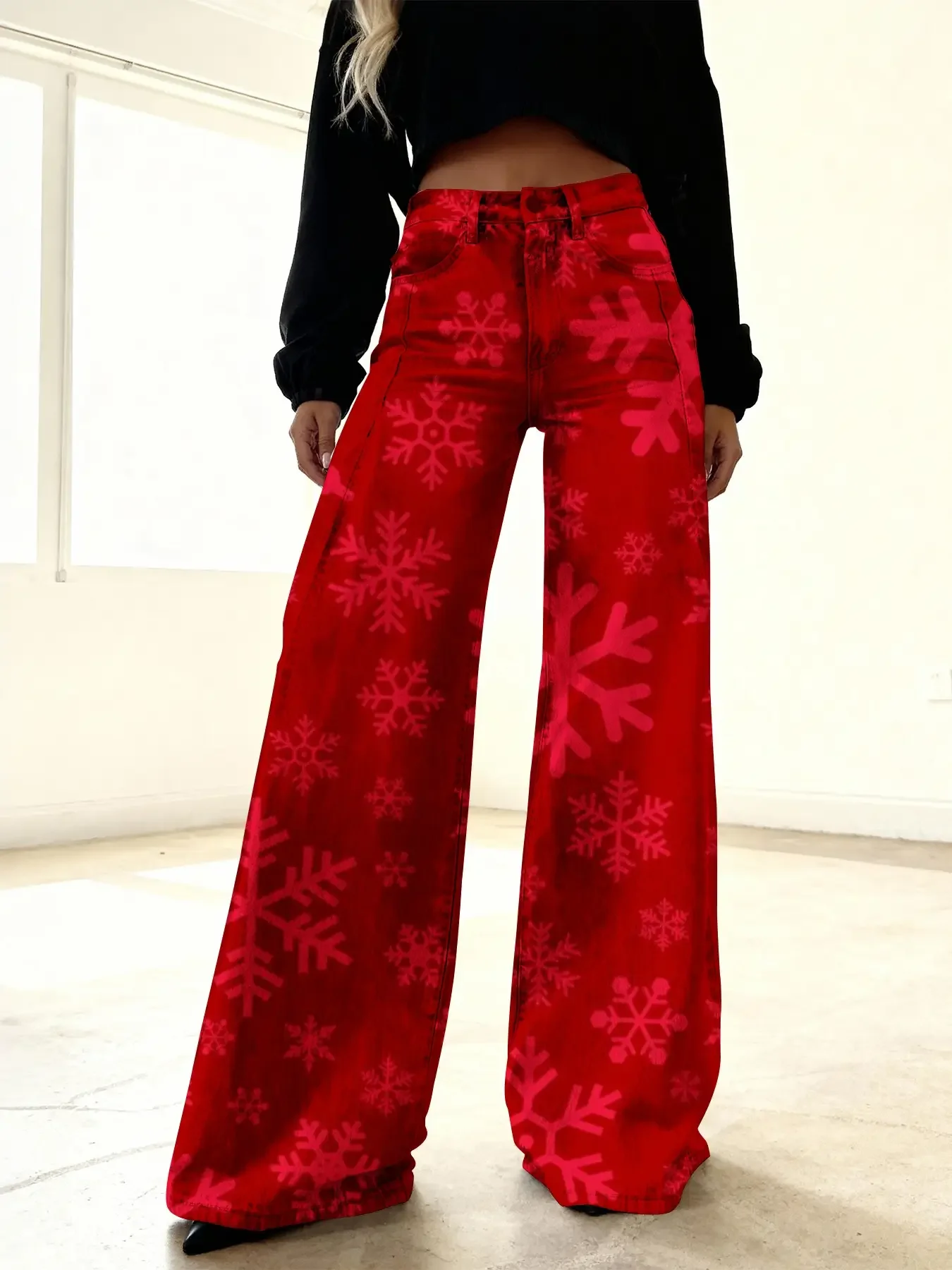 

Christmas women's imitation denim printed high waisted flared pants, sweet and cute, Red snowflake pattern