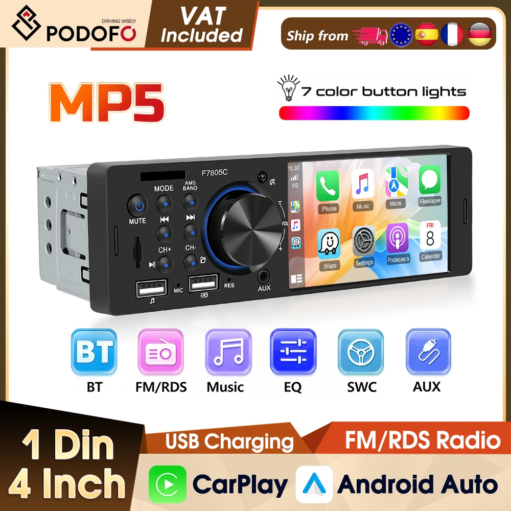 Podofo Carplay Autoradio Stereo EQ FM Bluetooth USB MP5 Multimedia-Player Android Auto Autoradio MirrorLink 4'' IPS-Bildschirm Auto-Audio