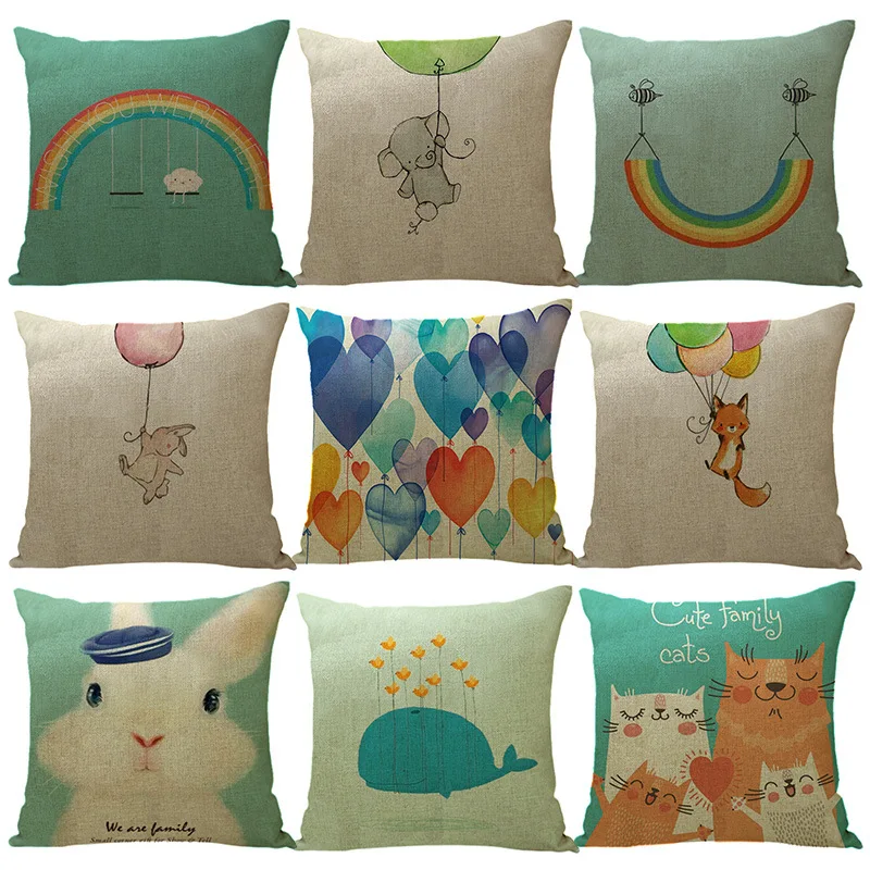 

Cute Rainbow Rabbit Pillow Case Colorful Cat Cotton Linen Pillowcase Soft Sofa Bedroom Garden Chair Pillow Cover Home Decor