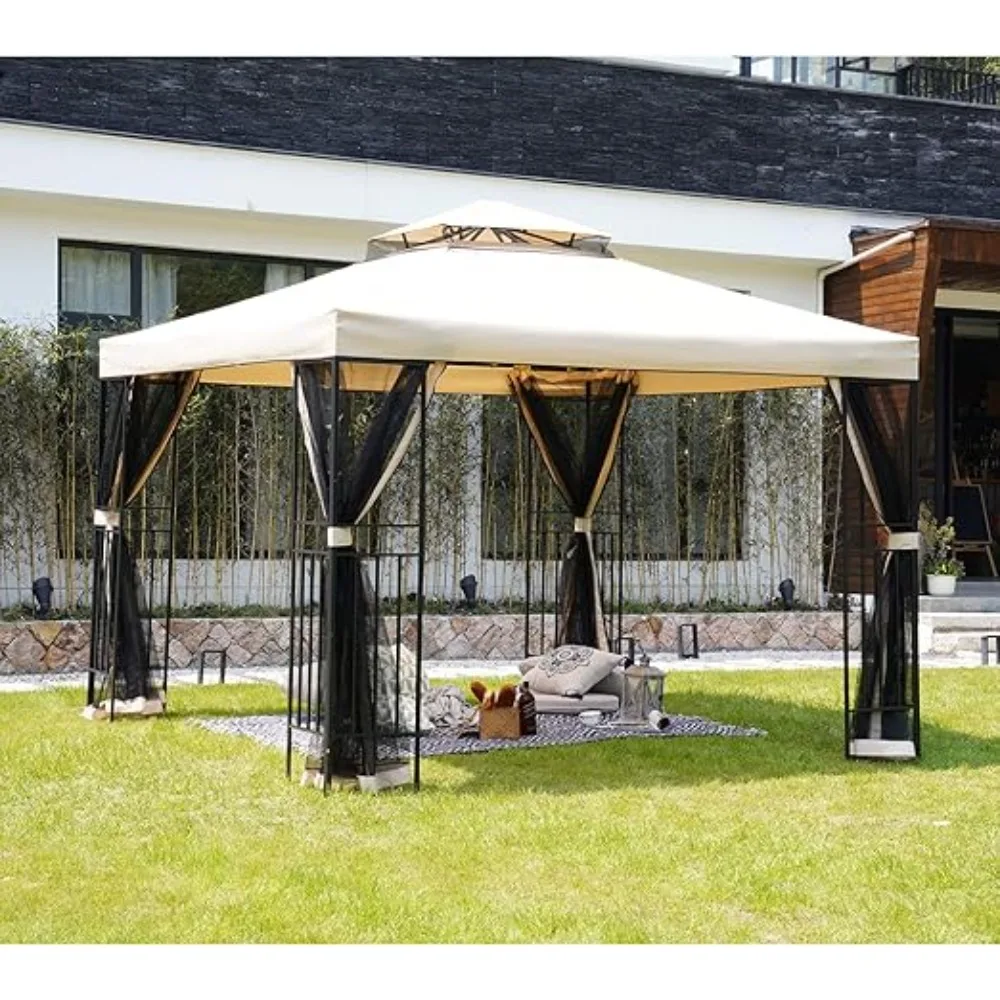 

Outdoor Gazebo Canopy with Mosquito Netting and Curtains,Sturdy Straight Leg Tent Soft Top Gazebo for Patios Deck Backyard