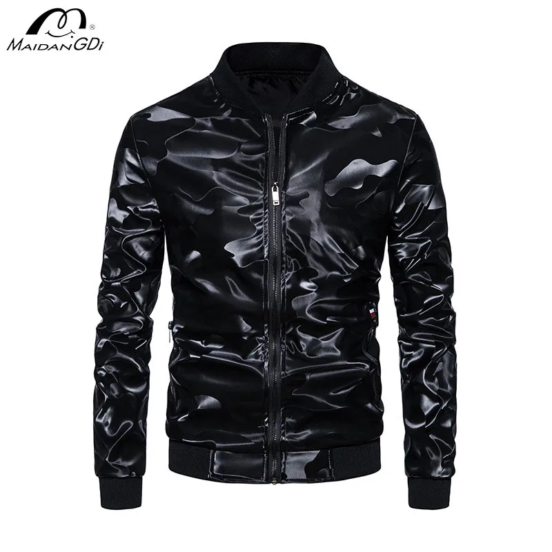 

MaiDangDi Men's Camouflage Leather Jacket Solid Color Spliced Motorcycle Mens Jacket Hardcore Standing Collar Male Clothing